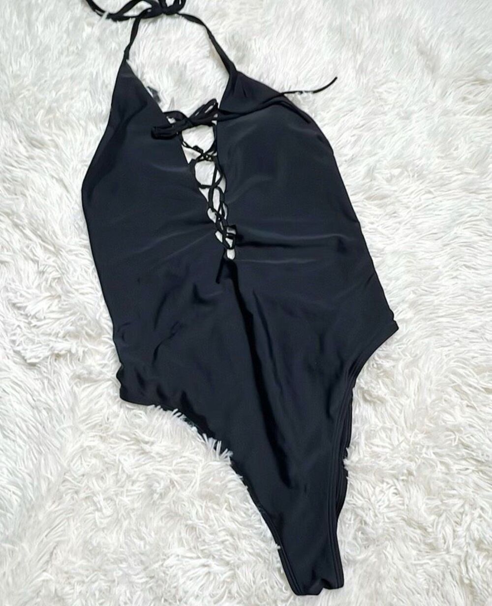 Aerie Maillot De Bain Lace Up Plunge One Piece Swimsuit Black Size Large